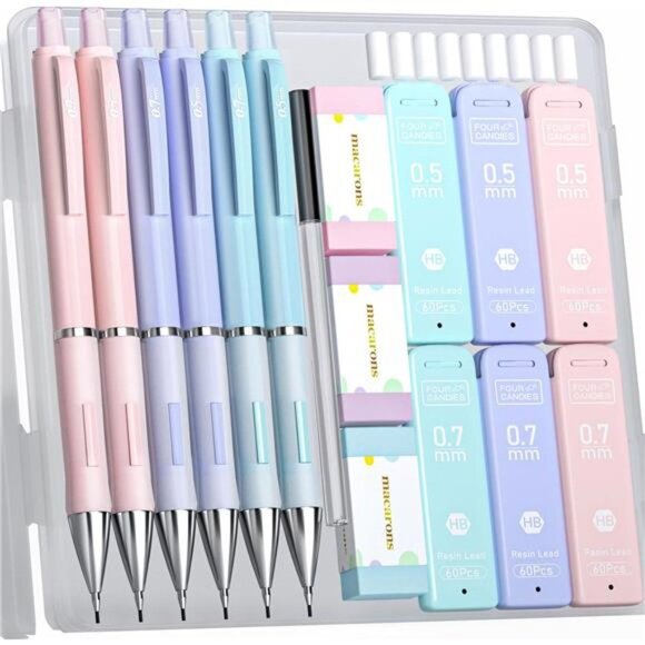 Pastel Mechanical Pencil Set-6PCS 0.5mm&0.7mm Pencils with 360PCS HBLead Refills - Picture 1 of 7